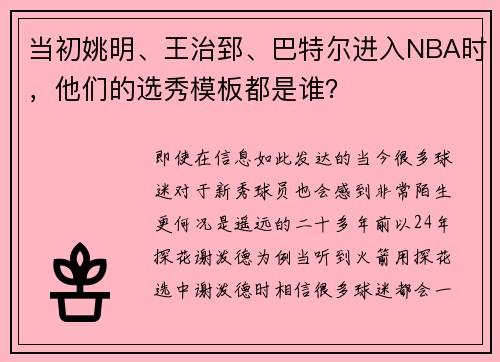 当初姚明、王治郅、巴特尔进入NBA时，他们的选秀模板都是谁？